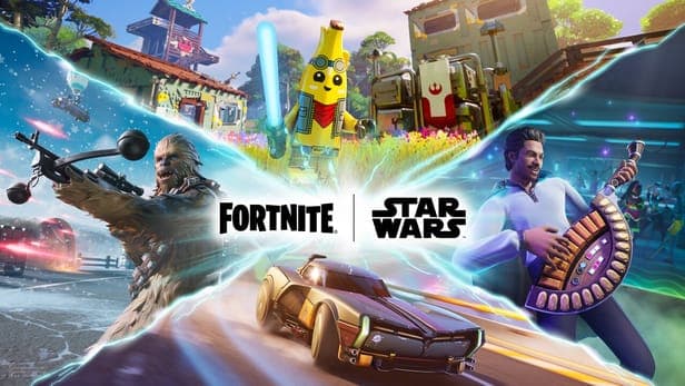 Official Fortnite x Star Wars key art with Chewbacca, a LEGO Jedi, and Lando