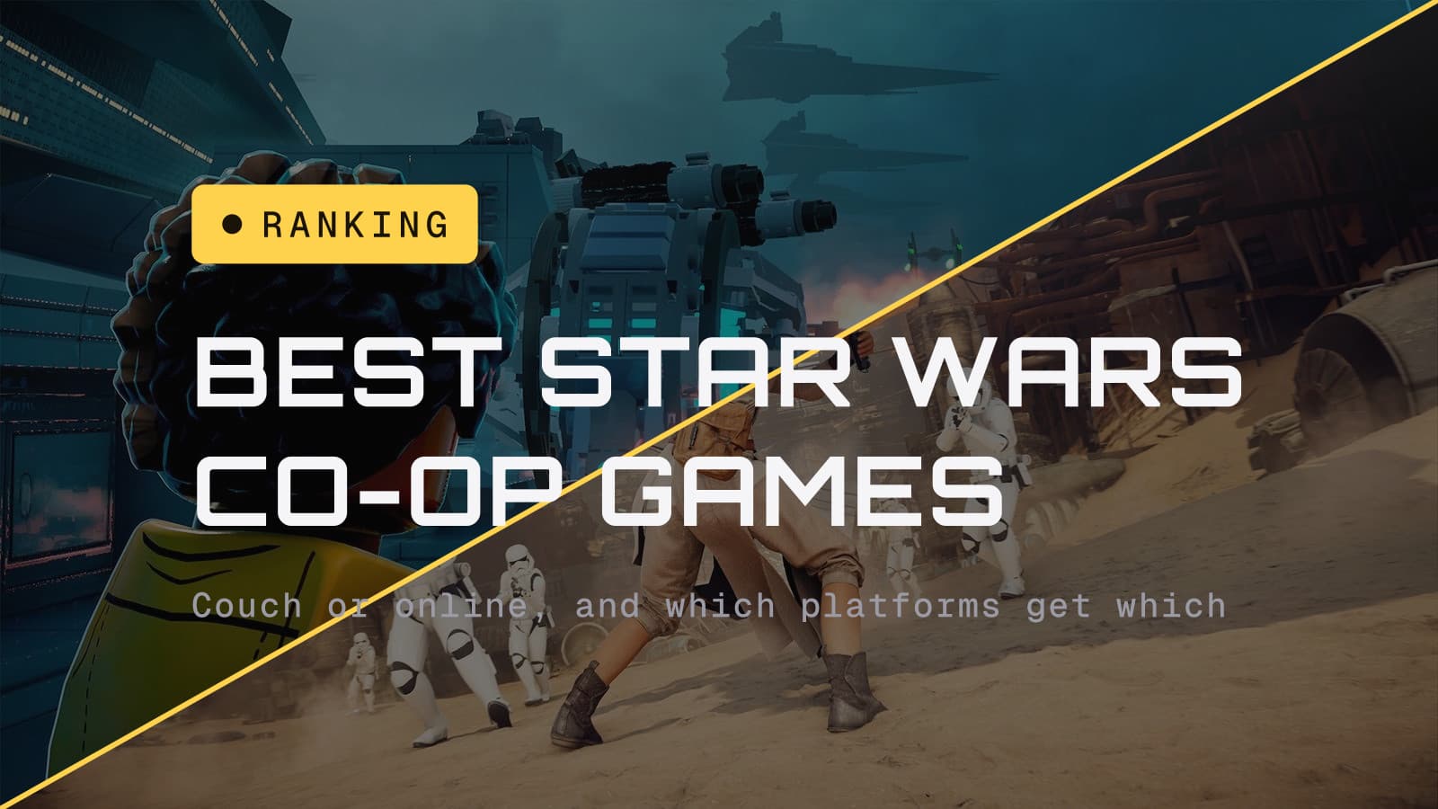 Best Star Wars co-op games, over a diagonal split of LEGO Star Wars: The Skywalker Saga and Star Wars Battlefront II