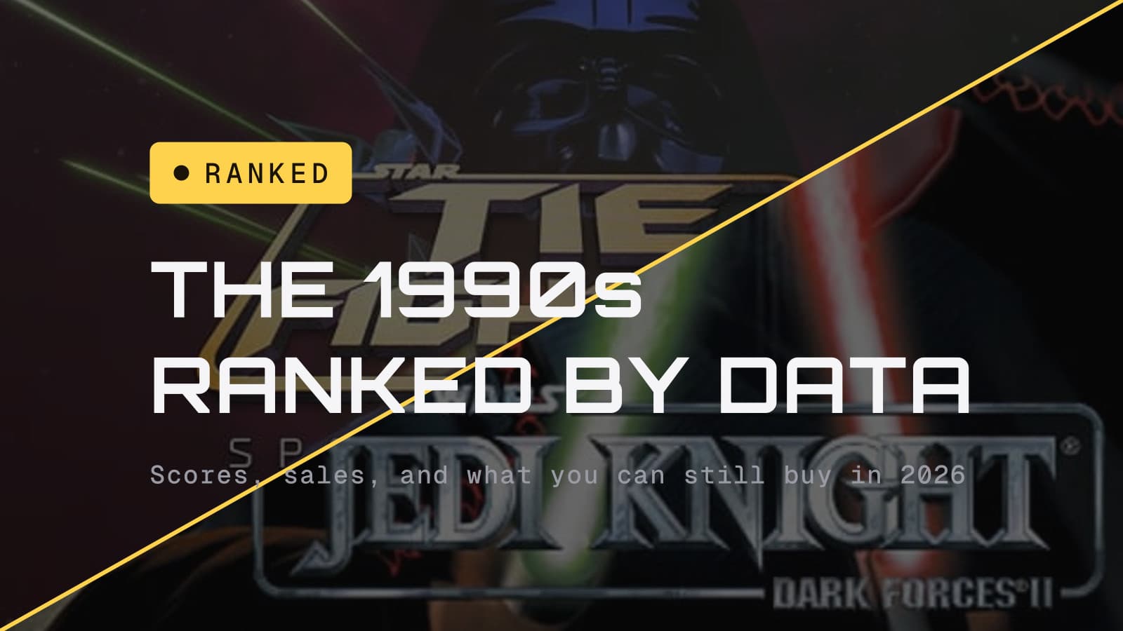 The best Star Wars games of the 1990s ranked by data, over TIE Fighter and Jedi Knight cover art