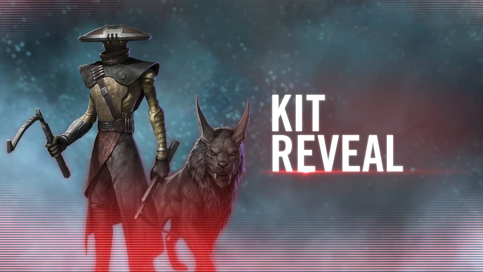 Embo in his wide metal war hat beside his anooba Keibu, in EA's kit-reveal art for Galaxy of Heroes