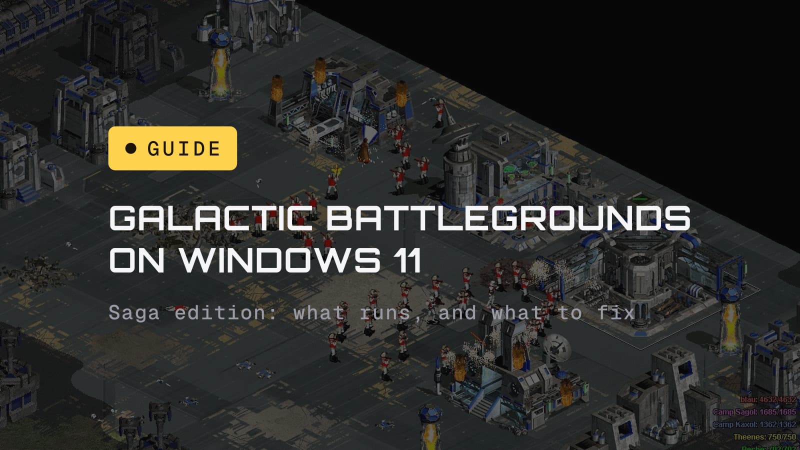 Galactic Battlegrounds on Windows 11, over an Imperial base under attack