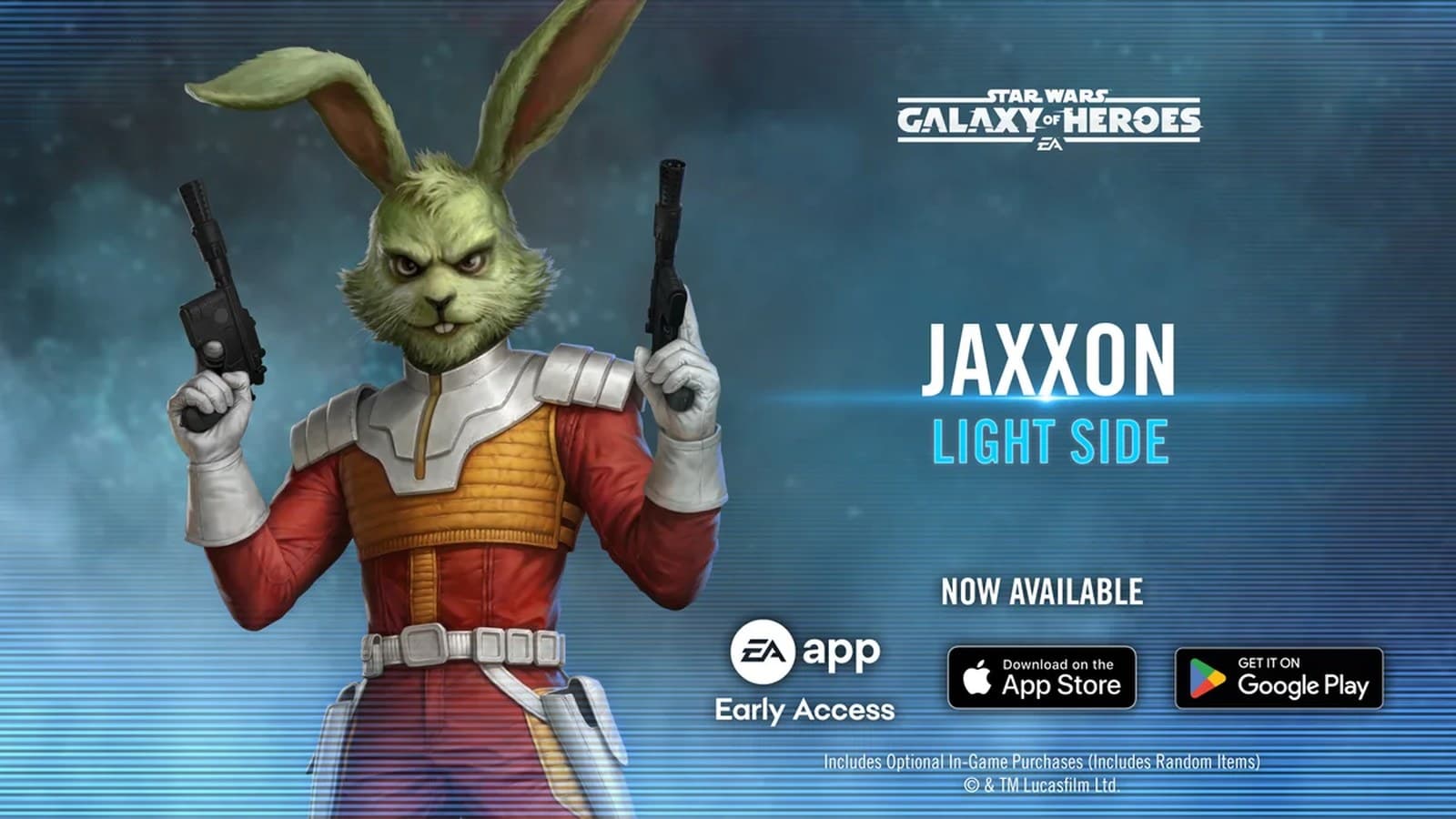 Jaxxon, a green rabbit-like Lepi in red and white smuggler gear, holding two blasters in EA's Era of Myths and Legends reveal art for Galaxy of Heroes