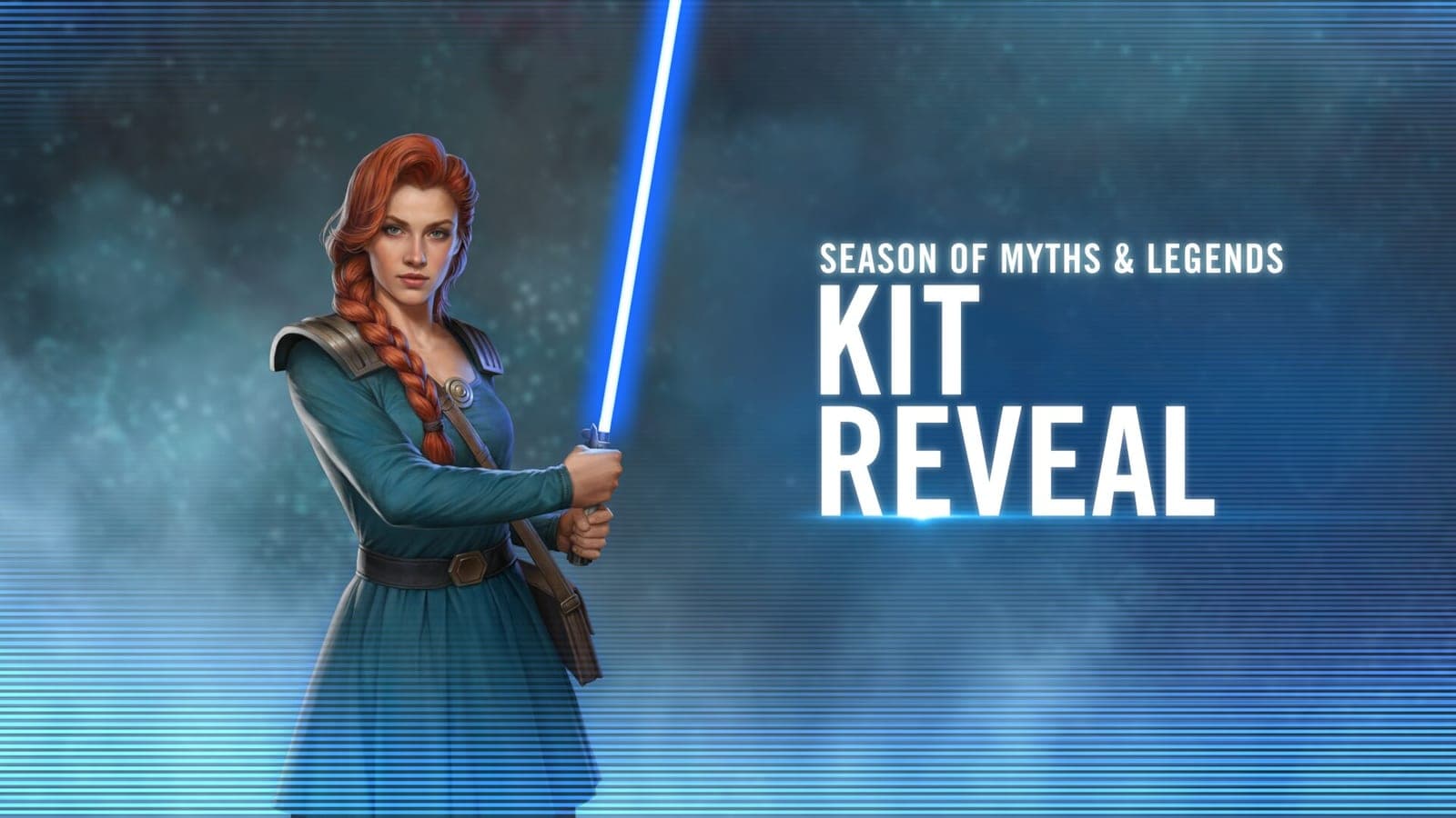 Mara Jade Skywalker with her red braid and blue lightsaber in EA's Season of Myths and Legends kit-reveal art for Galaxy of Heroes