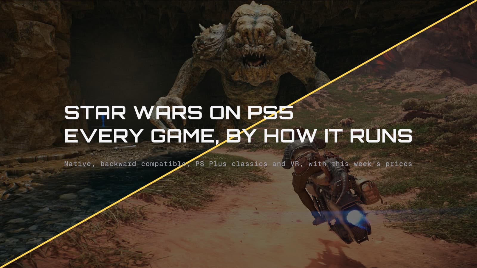 Star Wars on PS5, every game by how it runs, over a diagonal split of Jedi: Survivor and Star Wars Outlaws