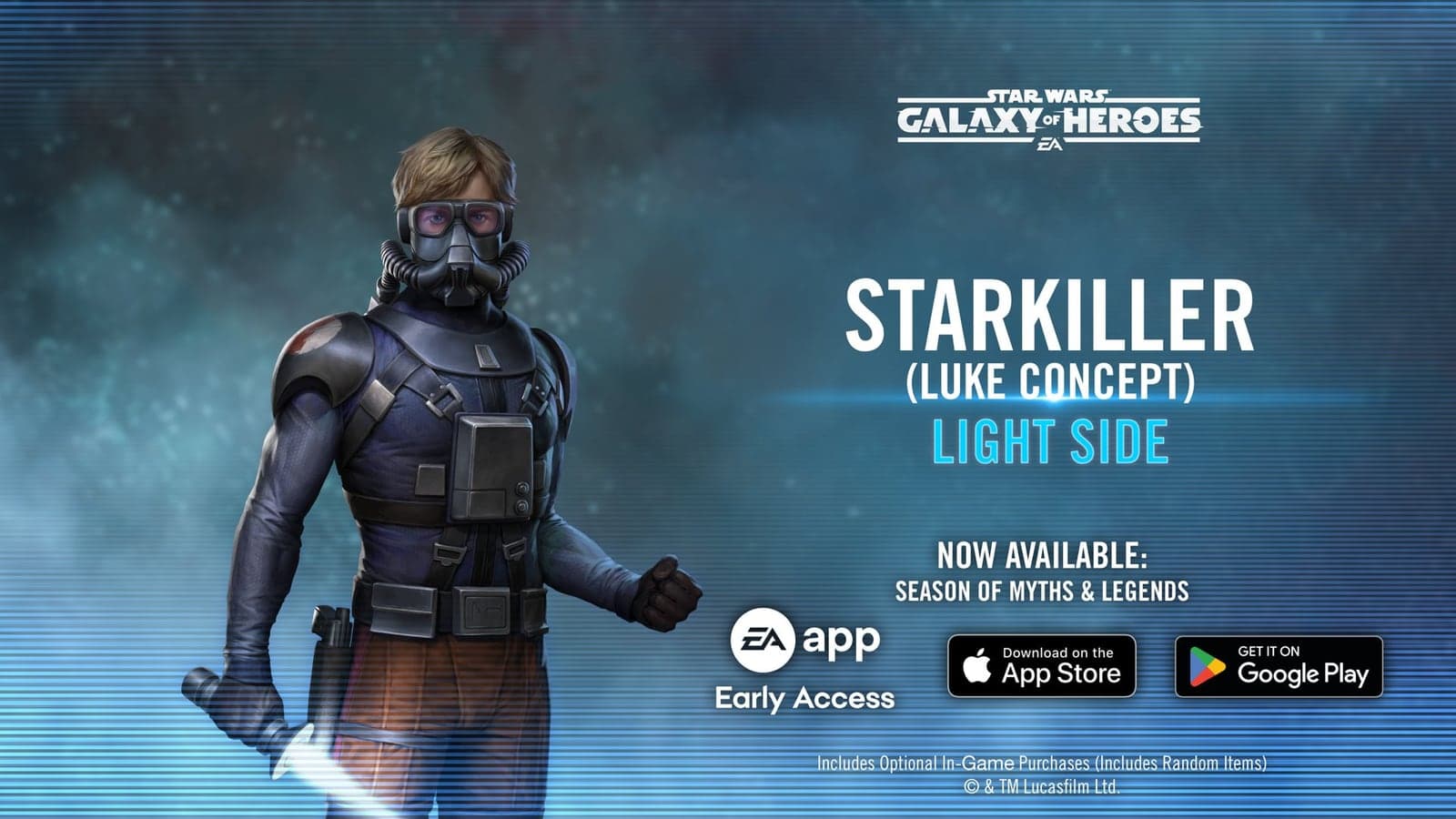 Official Starkiller (Luke Concept) key art: full-body early Luke with breath mask and laser sword beside the character's name