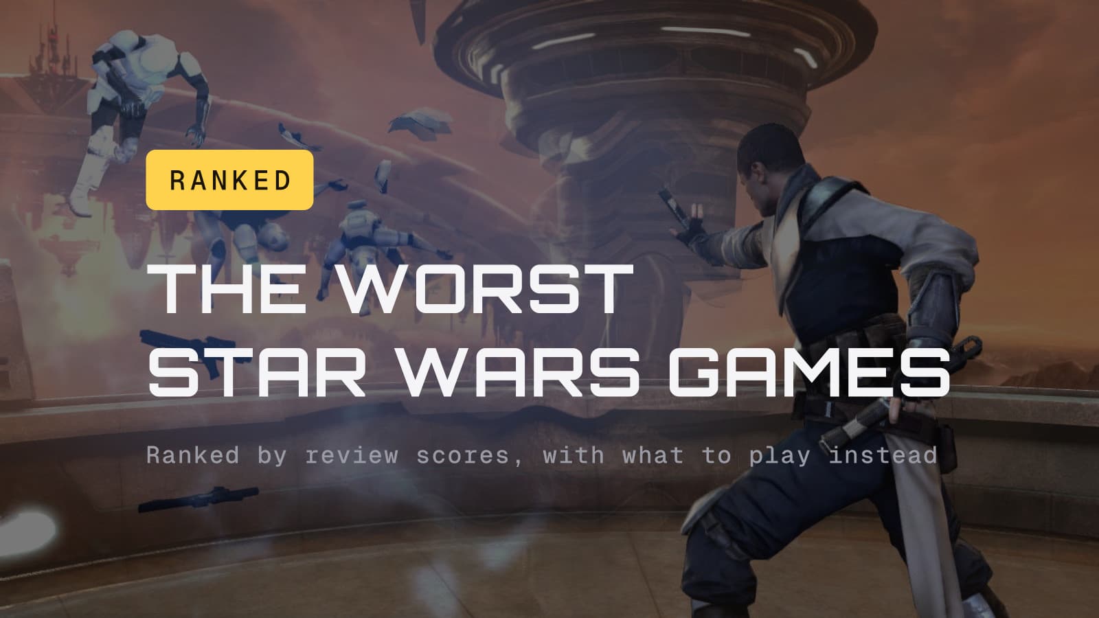The worst Star Wars games, ranked, over a Force Unleashed II screenshot of Starkiller throwing stormtroopers