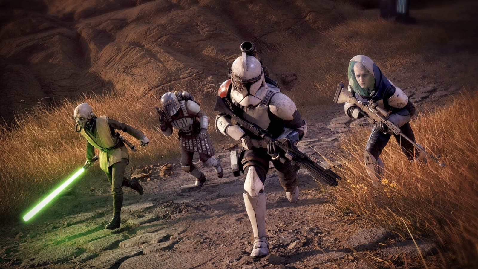 A Zero Company squad of four operatives, clone trooper in front, advancing up a rocky trail