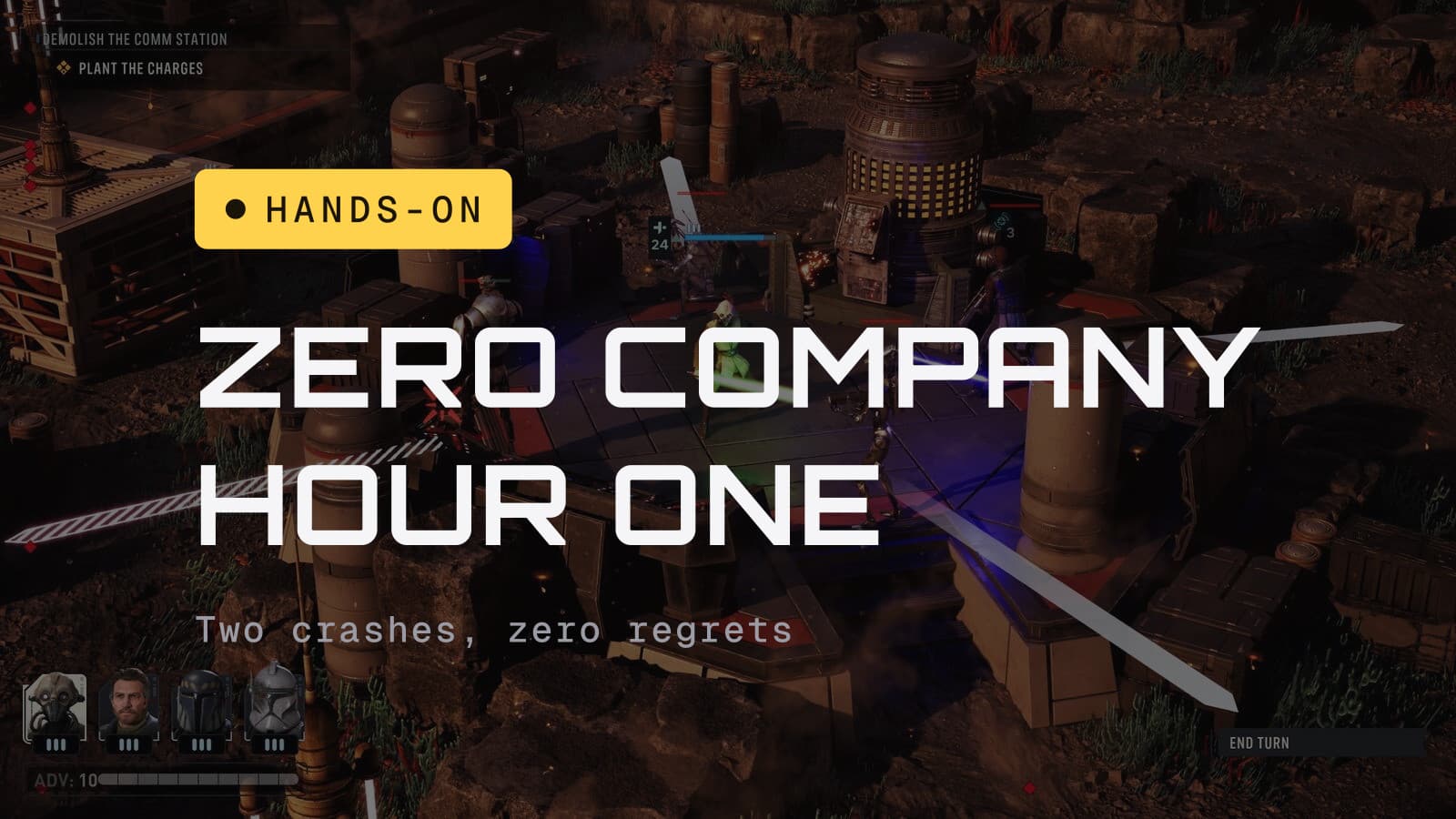 Hands-on chip and the headline Zero Company hour one, over a capture of a squad skirmish around a comm station platform