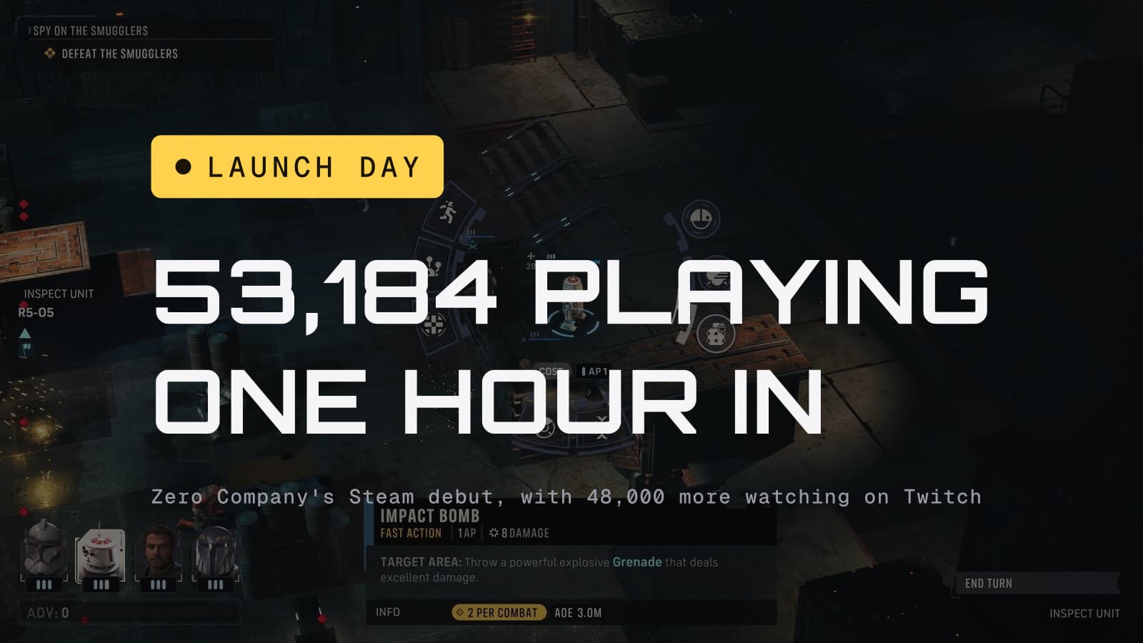 Launch day chip and the headline 53,184 playing one hour in, over a capture of Zero Company's tactical combat UI with an astromech droid mid-mission