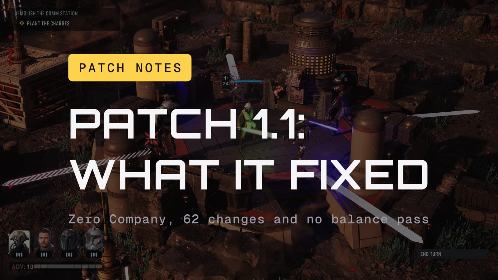 Zero Company patch 1.1: 62 changes and no balance pass, over a tactical mission screenshot