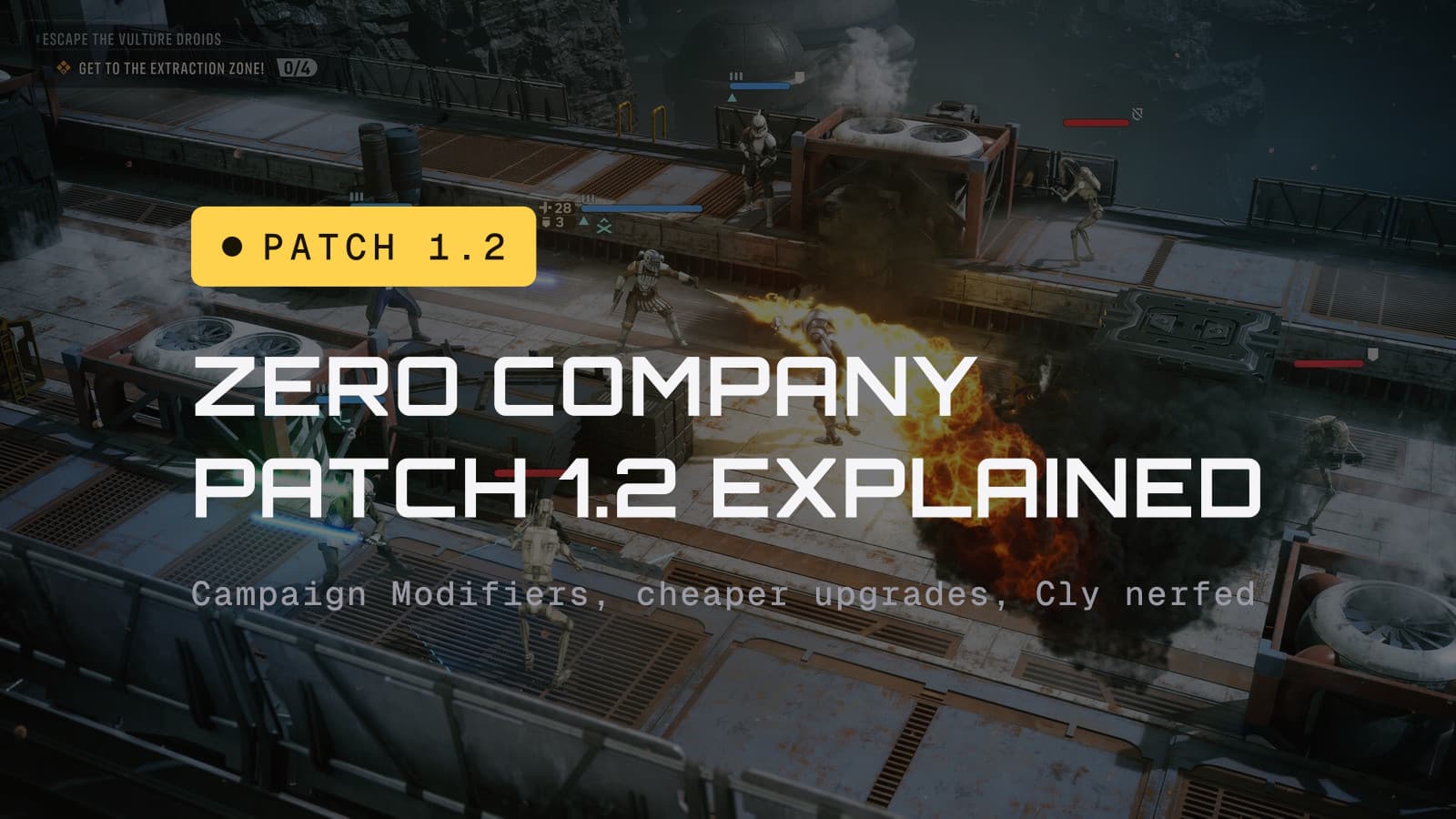 Patch 1.2 chip and the headline Zero Company patch 1.2 explained, over a squad clearing a rooftop with a flamethrower