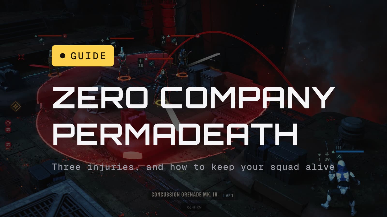 Guide chip and the headline Zero Company permadeath, over a squad lining up a concussion grenade on a group of enemies