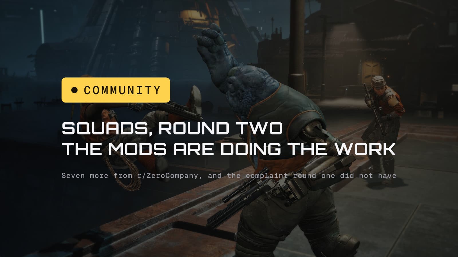 Squads, round two: the mods are doing the work. Over Zero Company operators in a corridor firefight