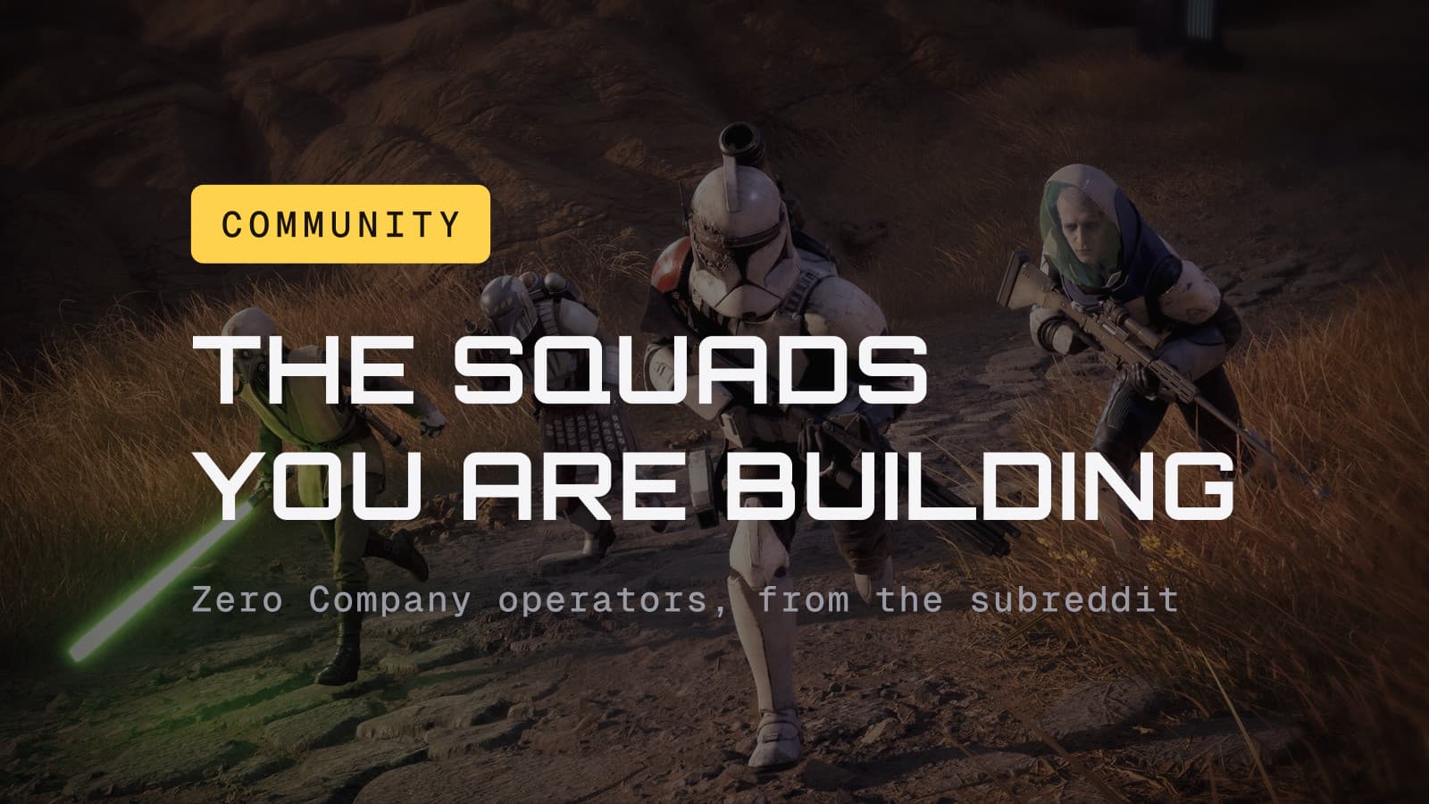 The squads you are building: Zero Company operators, over a screenshot of four operators running into battle