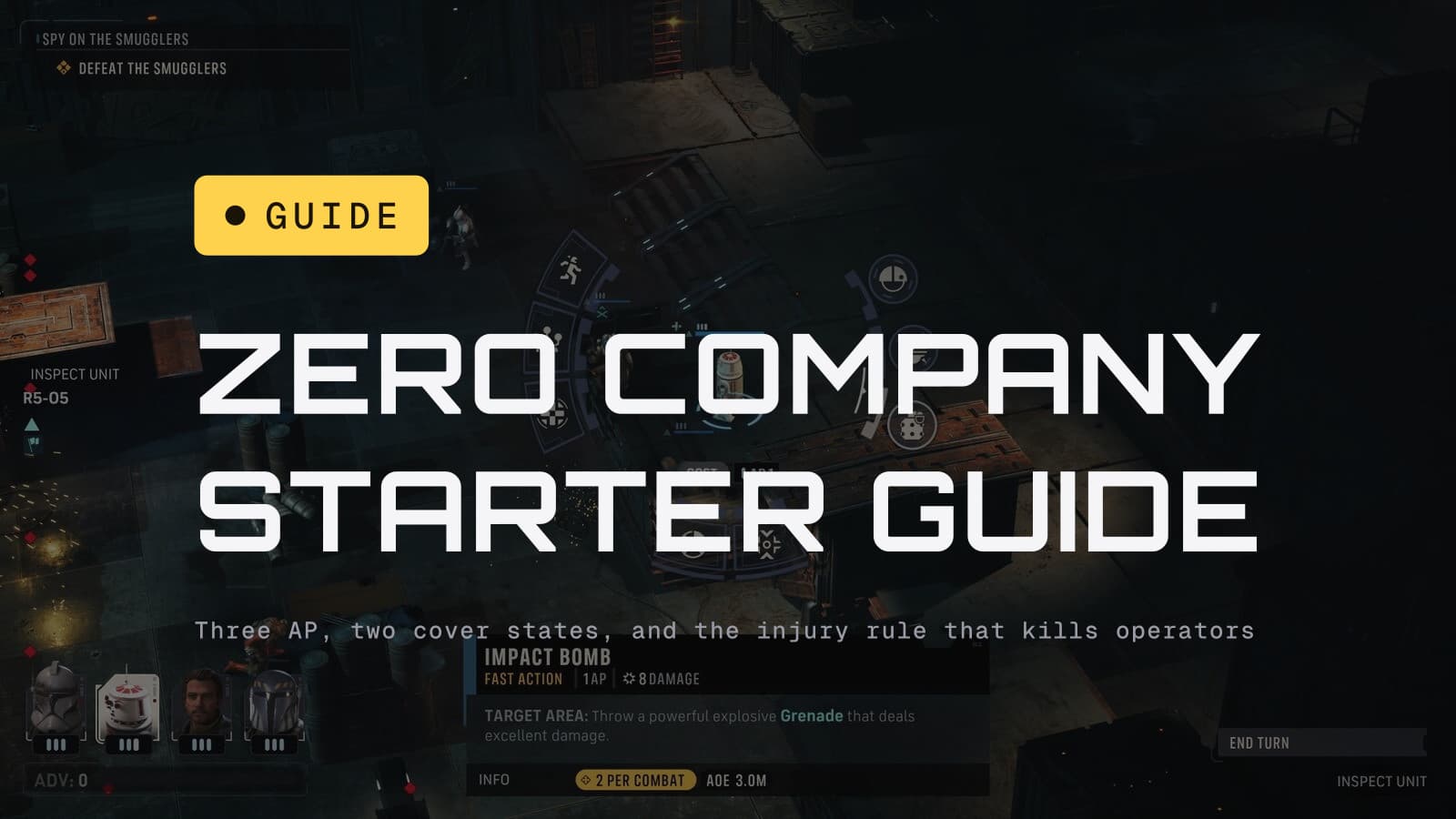 The headline Zero Company starter guide over a tactical mission screen showing an ability tooltip, with a gold GUIDE chip